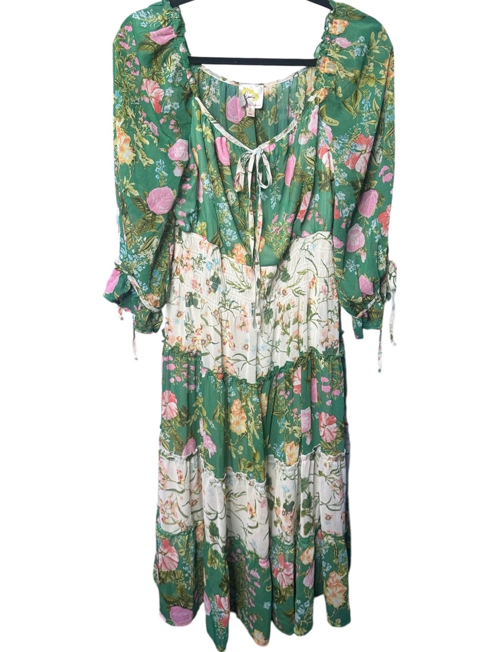 Fig and Flower Green Floral Boho Tiered Midi Dress Large